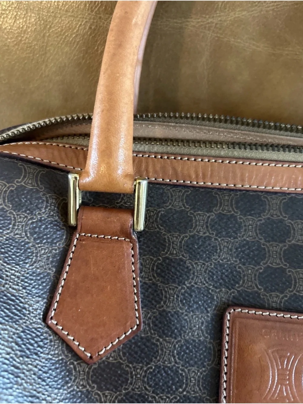 CELINE PVC Leather Mini Boston Bag Brown Camel Macadam Vintage - Picture 6 of 15